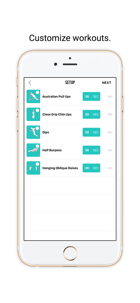 Calisthenics Workout Routines - Mobile app interface for customizing workout routines featuring exercises like pull ups and dips
