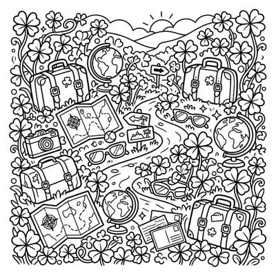 Embark on a delightful coloring journey through a landscape brimming with lucky clover patches. This charming page combines the spirit of vacation travel with abundant nature, inviting your creative exploration.