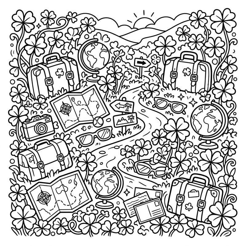 Embark on a delightful coloring journey through a landscape brimming with lucky clover patches. This charming page combines the spirit of vacation travel with abundant nature, inviting your creative exploration.