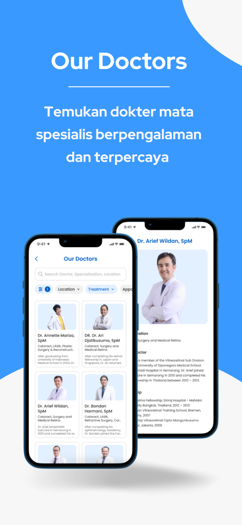 KMN EyeCare (ANJ HealthCare) - Pantalla de la aplicación móvil KMN EyeCare que muestra un directorio de oftalmólogos especializados y un perfil profesional de médico