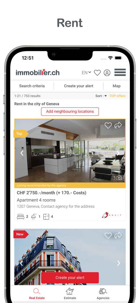 immobilier.ch mobile app interface displaying rental apartment listings in Geneva