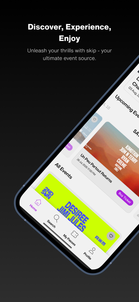 SKIPアプリのiPhoneインターフェース。今後のローカル音楽イベントとチケットオプションを表示。