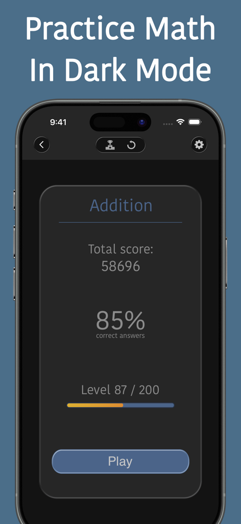 Mental Math Trainer Games - Mental Math Trainer app addition progress screen in dark mode showing score and level