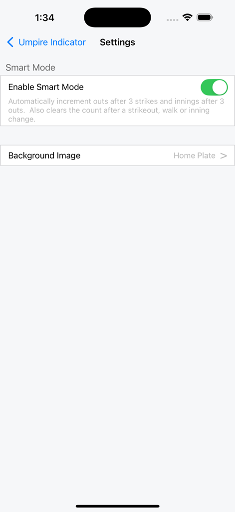 Settings screen for Umpire Indicator Pro showing Smart Mode toggle and background image options