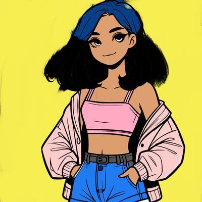 a realistic girl with a crop top and short shorts in an open jacket