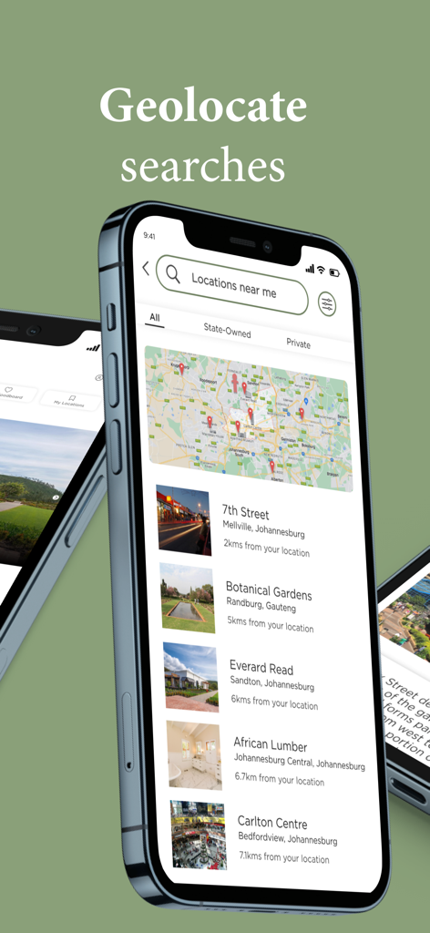 iPhone-Bildschirm, der die Geolokalisierungs-Suchfunktion der Filmset-App mit einer Karte und einer Liste von Drehorten in der Nähe anzeigt
