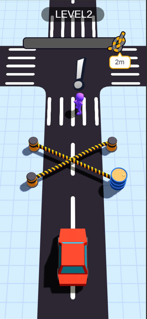 Top down view of a red car being stopped by a rope barrier to save a pedestrian on a crosswalk in a physics puzzle game