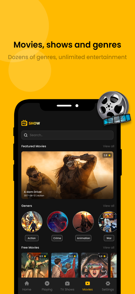 Interface of the Pikashow app displaying movie genres and featured entertainment titles on an iPhone