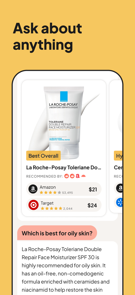 Vetted AI shopping assistant recommending a moisturizer for oily skin with price comparisons from Amazon and Target