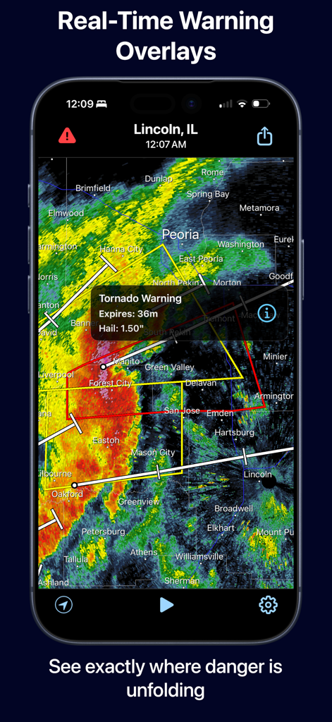 Radar Pro X - Radar Pro X mobile app showing a real-time tornado warning overlay on a high-contrast NEXRAD radar map.