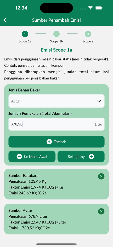 Interface of the Kalkulator Hijau app showing greenhouse gas emission calculation for Scope 1a including fuel consumption data