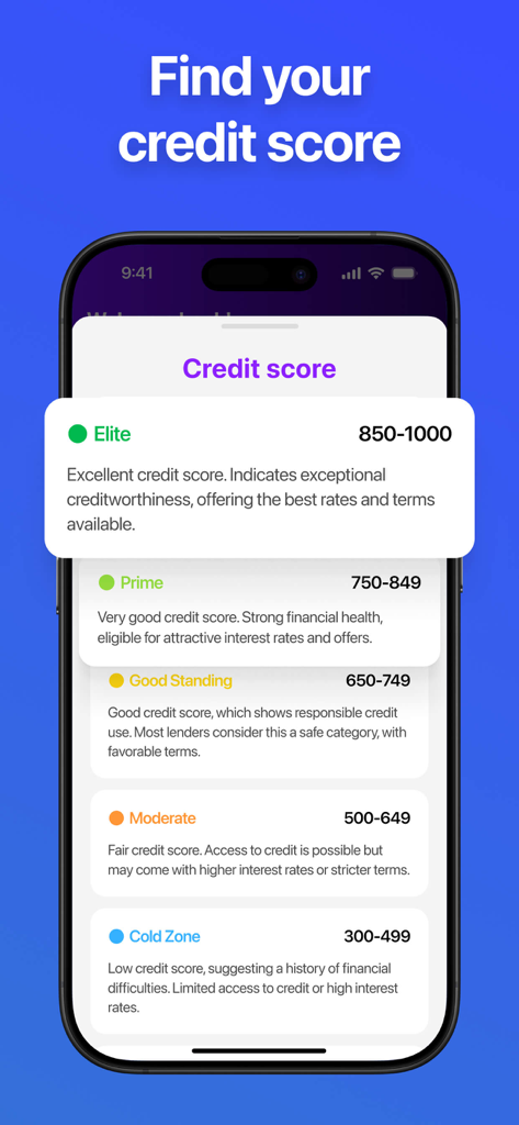 Credit Score Check - A mobile app screen showing credit score categories from Elite to Cold Zone with their corresponding numerical ranges and descriptions.