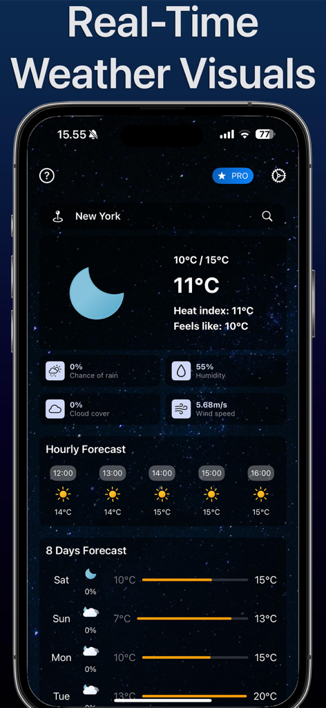 Panel de la aplicación Alertas Meteorológicas mostrando el tiempo actual de Nueva York y el pronóstico de 8 días