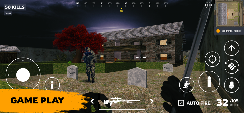 Gun Shooting Games: Online FPS - First person shooter gameplay in a graveyard setting with mobile game controls and a soldier.