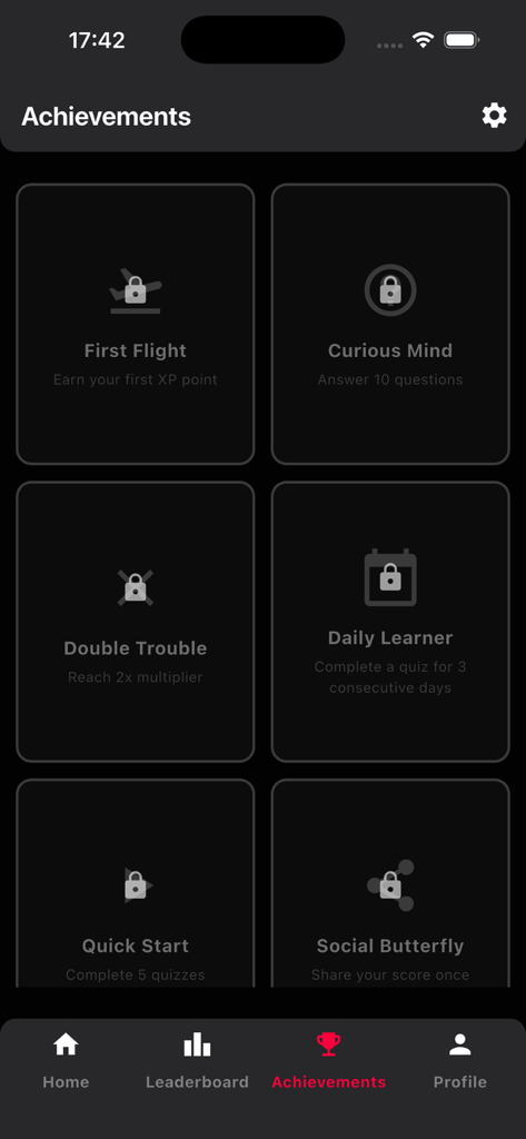 Aviators Quiz - Aviators Quizアプリのアチーブメント画面。さまざまなロックされた航空をテーマにした目標やマイルストーンが表示されます。