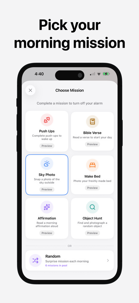 Wayk app interface showing morning missions like push ups and bible verse reading to deactivate the alarm