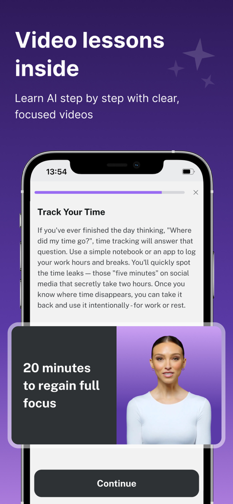 Finestro: AI Tools Mastery - Finestro app interface showing a video lesson on AI productivity and time tracking