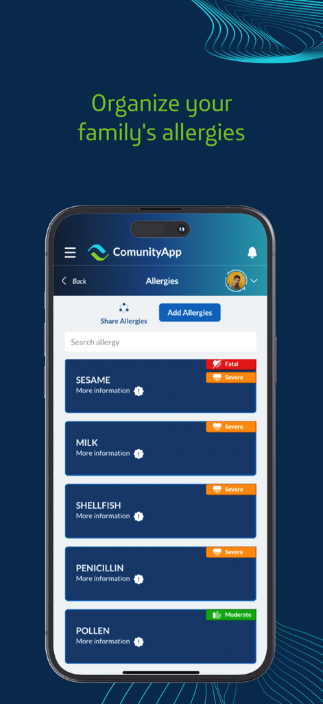 A mobile interface of ComunityApp displaying a organized list of family allergies including sesame milk and shellfish with severity levels