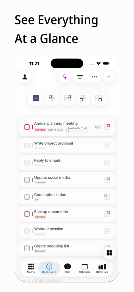 Todo & Task: Eisenhower Matrix - Panel minimalista de la aplicación móvil que muestra una lista priorizada de tareas y categorías