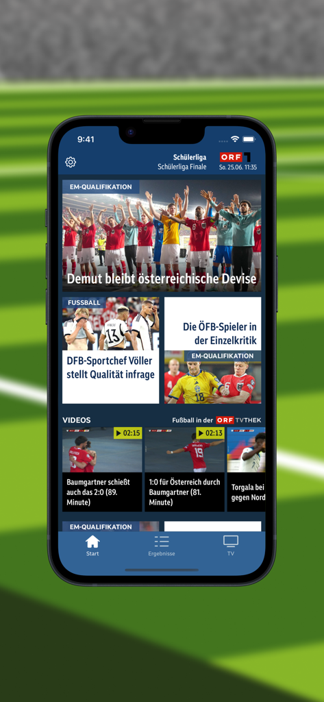 ORF Fußball - ORF Fussball app home screen showing soccer news and video highlights