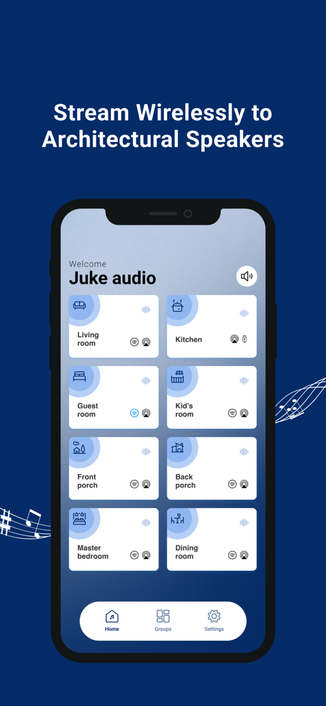 JUKE AUDIO - Juke Audio app interface showing multi-room audio zone control for a smart home