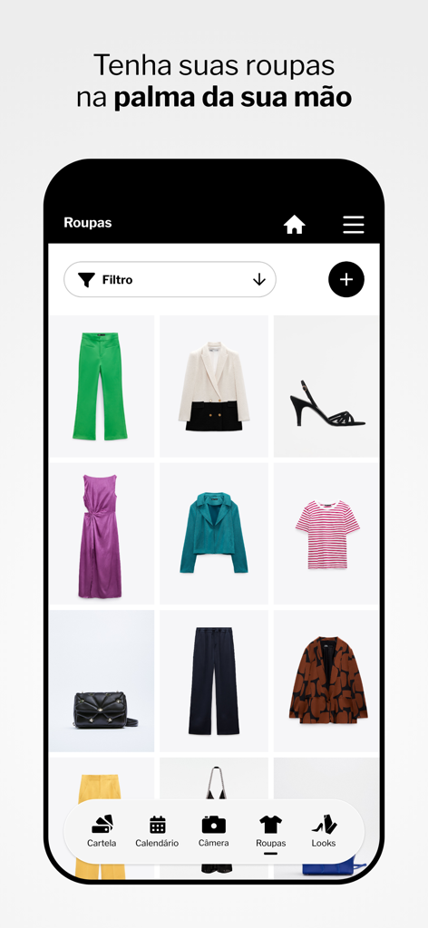 A digital closet screen from the Resolva app displaying a grid of clothing items like pants, dresses and shoes for wardrobe organization.