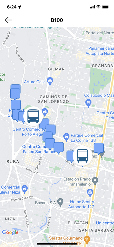 Interfaz del mapa de TransMi App mostrando paradas de autobús y rutas de tránsito en Bogotá