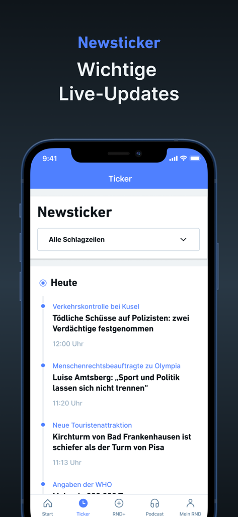 RND news app interface showing a live newsticker with various German news headlines on a smartphone screen.