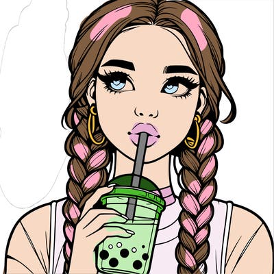 realistic girl with braided hair drinking boba