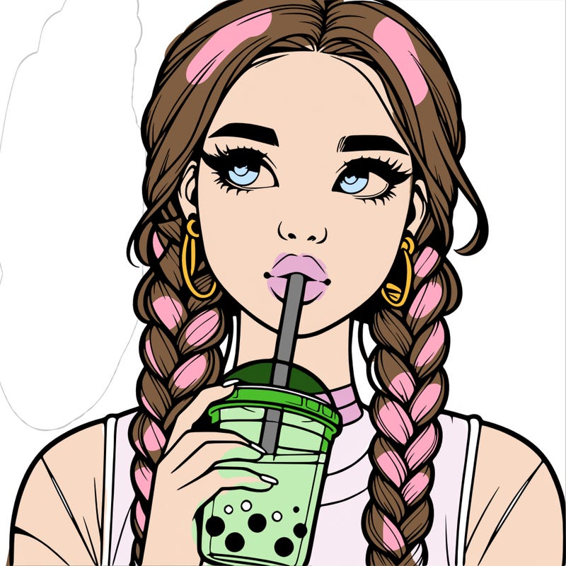 realistic girl with braided hair drinking boba