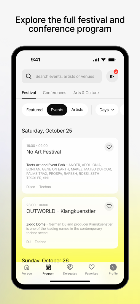 Amsterdam Dance Event app screen displaying the festival program with event listings for Saturday October 25