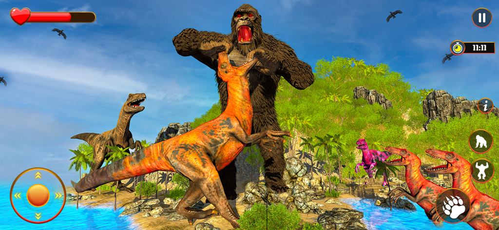 Un gorila gigante luchando contra dinosaurios en una playa tropical en un juego móvil