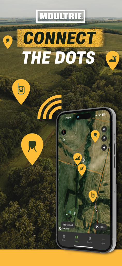 Moultrie - Moultrie app interface showing an interactive hunting map with pins for cameras and wildlife sightings on a smartphone