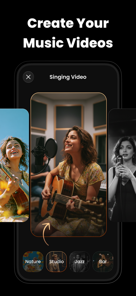VibeMe AI: Music Video Maker - Interface of the VibeMe AI app showing options to create singing music videos with studio and nature themes