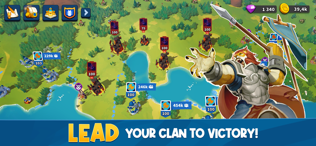 Million Lords strategy map showing clan territories and a lion warrior with the text Lead your clan to victory