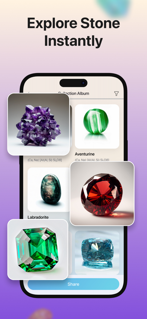 Stone Identifier. - Stone Identifier app displaying a digital collection of various crystals and gemstones