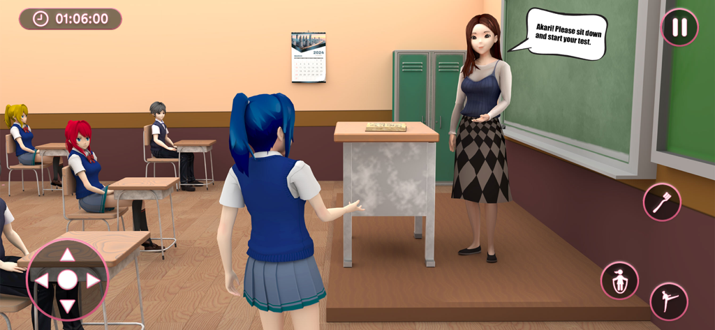 Anime School Girl Simulator - An anime girl character in a 3D classroom scene being told to start a test by her teacher