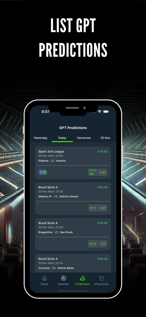 BetTips: Match Prediction - Bettips app screen displaying GPT powered football match predictions with win probabilities and betting odds
