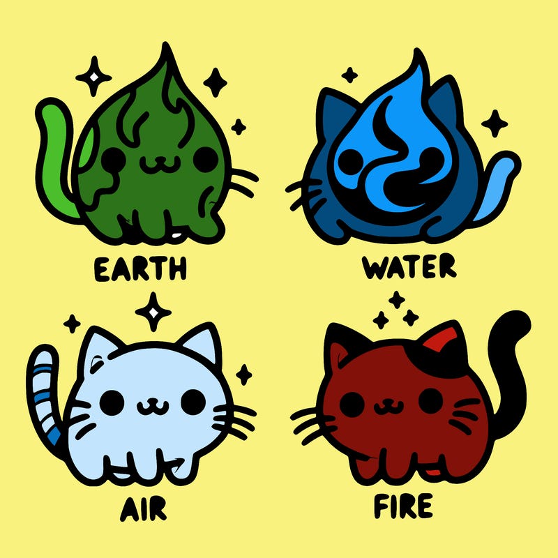 4 cats that represent the different elements, earth, water, air, and fire