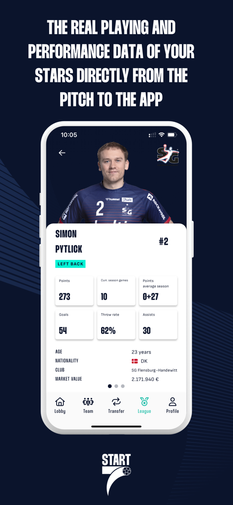 Player profile screen in the START7 handball manager app showing performance stats and market value.