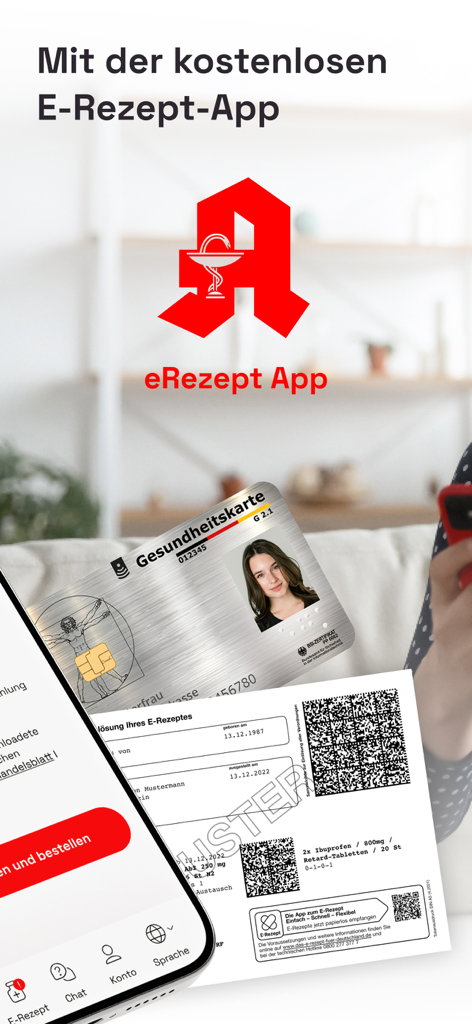 E-Rezept APP - German e-prescription app showing health card and QR code prescription for digital pharmacy orders