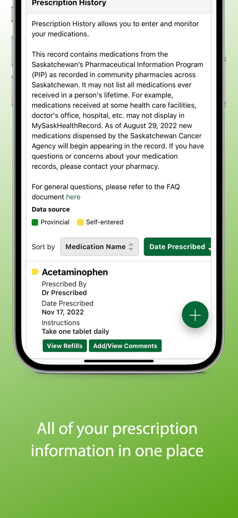 Interfaz de la aplicación MySaskHealthRecord que muestra la sección de historial de recetas con detalles de medicamentos y opciones de seguimiento.