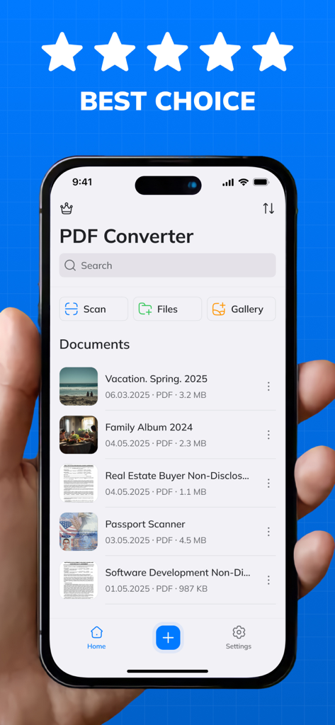 JPEGおよび画像からPDFへの変換アプリのインターフェース。iPhoneでの文書整理を表示。