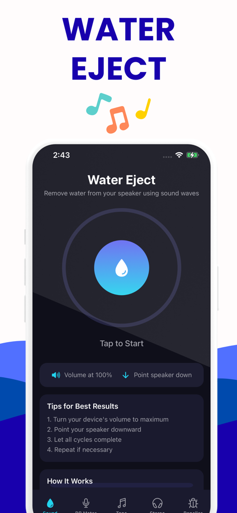 Speaker Fix app showing the water eject feature for clearing phone speakers
