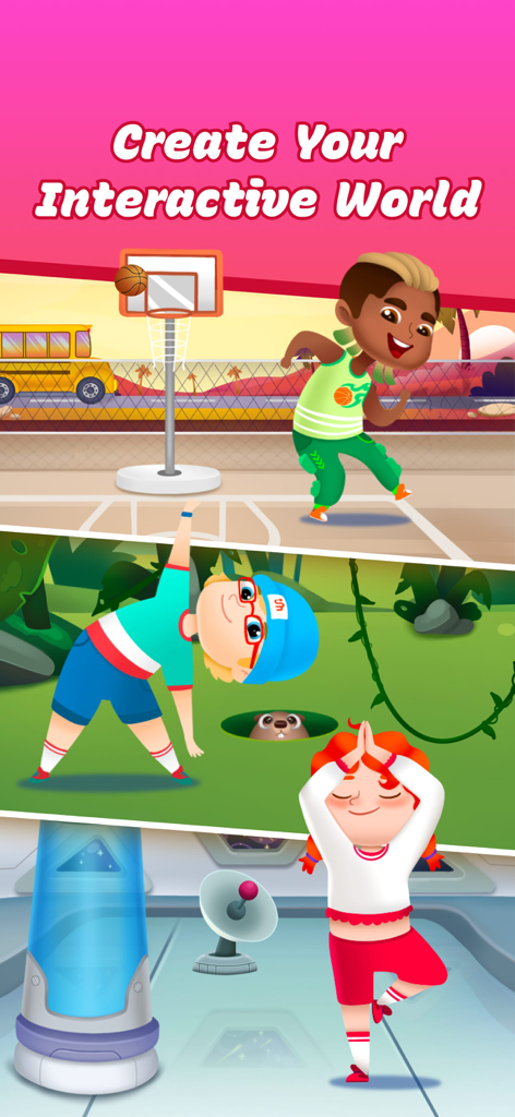 Cartoon-Charaktere trainieren in verschiedenen thematischen interaktiven Welten, darunter Basketballplatz, Dschungel und Raumstation