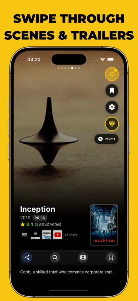 MovieTok: Shorts for Movies - Smartphone screen showing the MovieTok app interface for the movie Inception with a swipe to discover feature and streaming service options.