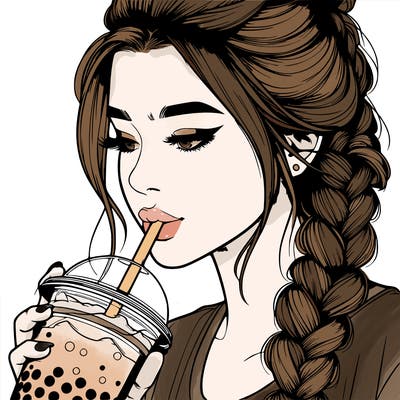 realistic girl drinking boba tea with braided hair