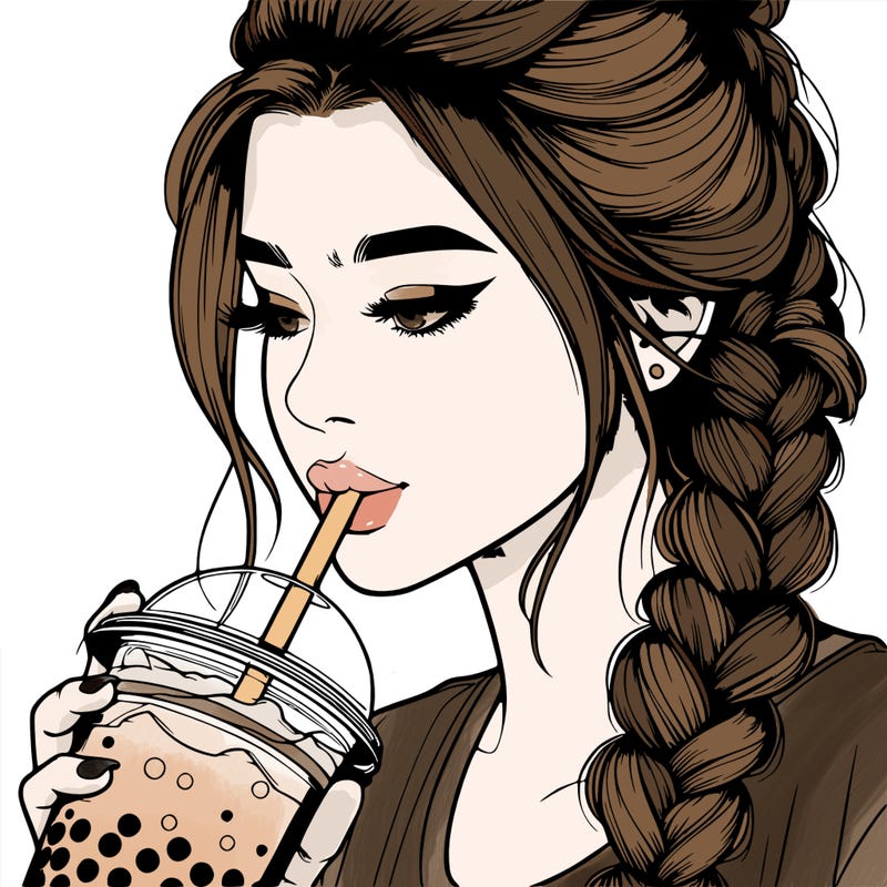 realistic girl drinking boba tea with braided hair