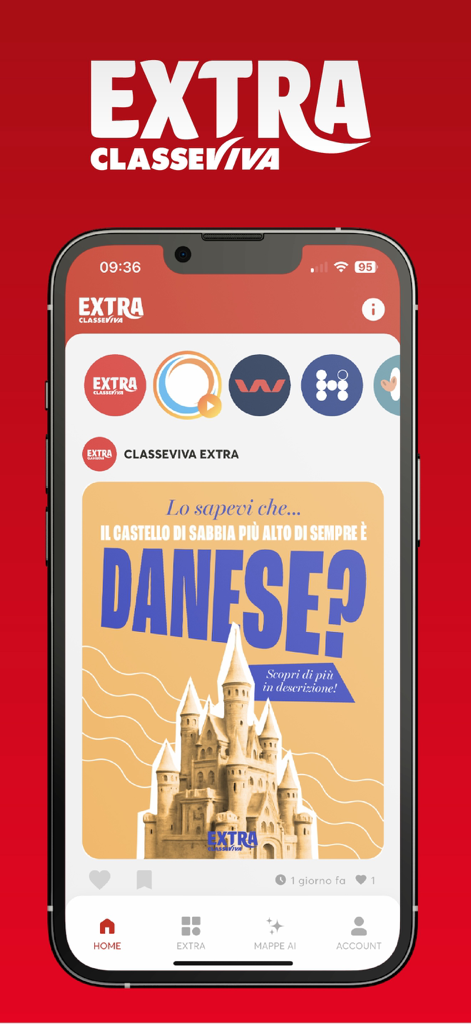 ClasseViva Extra - Schermata principale dell'app ClasseViva Extra che mostra curiosità educative su un castello di sabbia e un menu di navigazione inferiore.