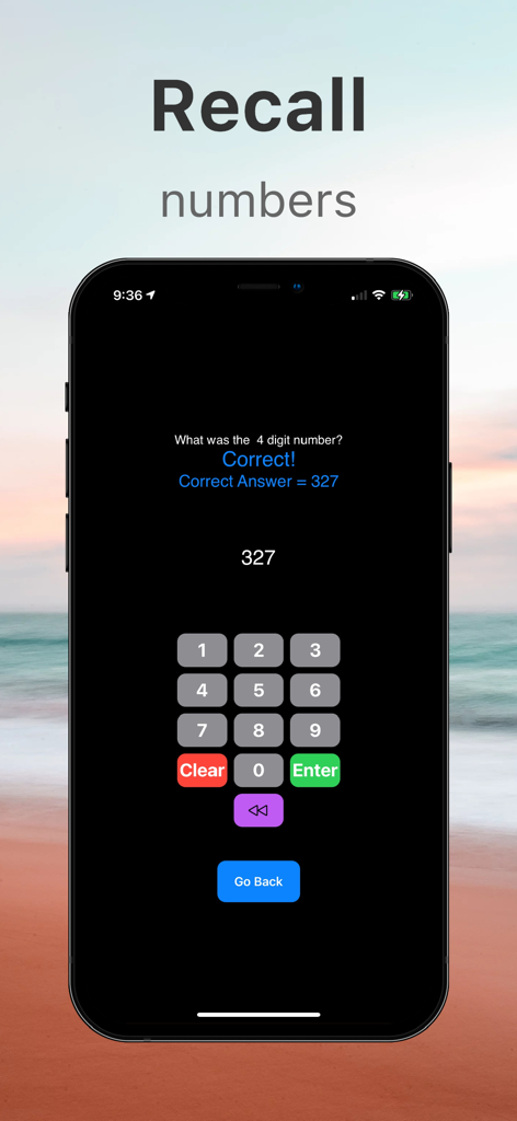 Number Recall Memory Trainer - Ein mobiler Bildschirm, der eine erfolgreiche Zahlenrückrufsaufgabe mit einem Ziffernblock und sofortigem Feedback zeigt.